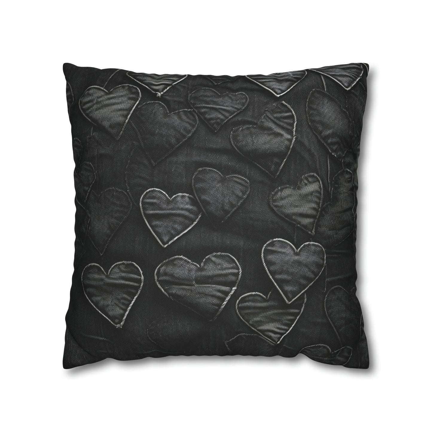 Negro azabache: diseño de bordado de corazón de tela inspirada en la mezclilla desgastada - Funda de almohada cuadrada de poliéster hilado 