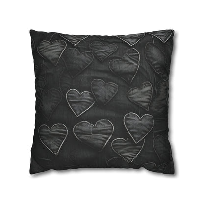 Negro azabache: diseño de bordado de corazón de tela inspirada en la mezclilla desgastada - Funda de almohada cuadrada de poliéster hilado 