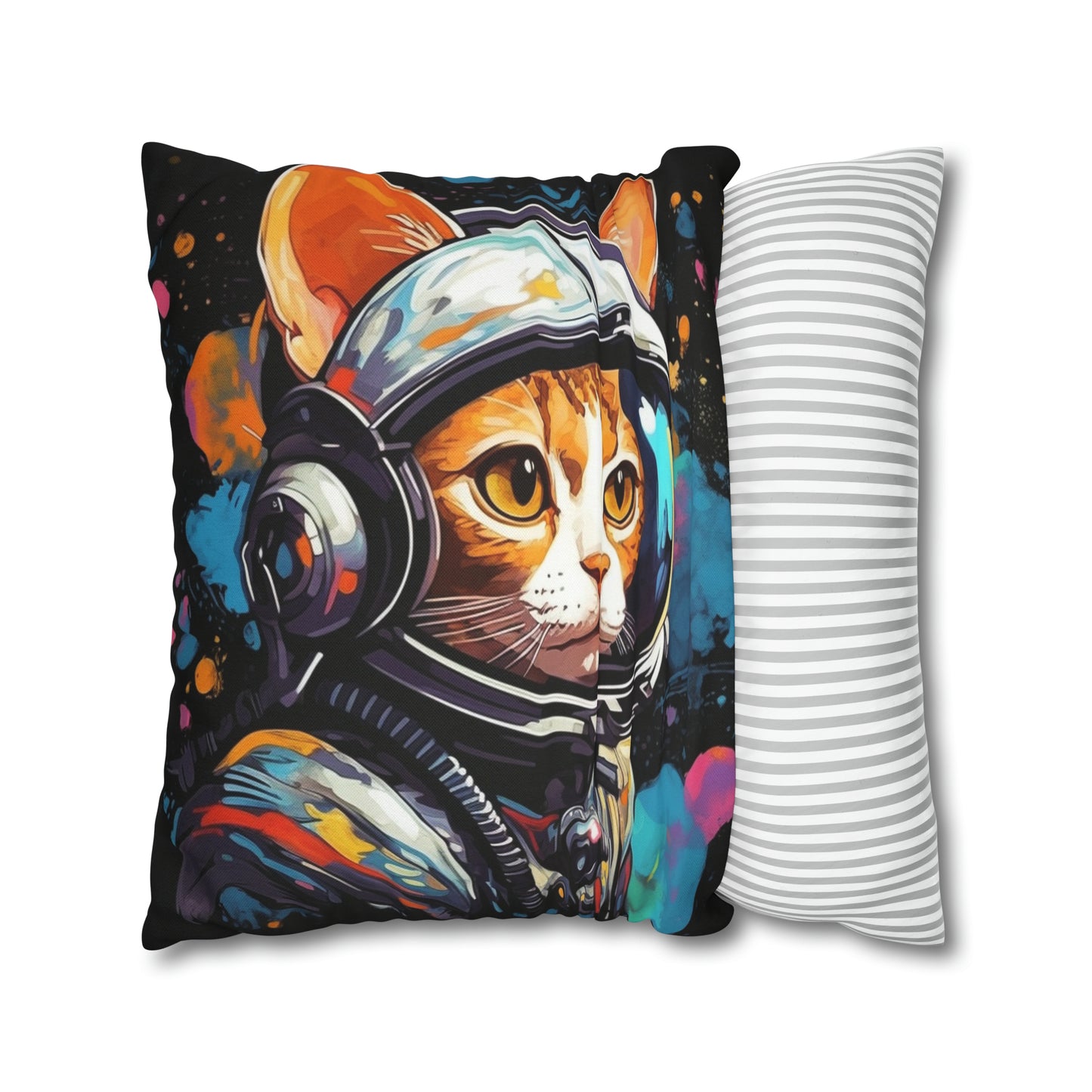 Astro Cat Adventure Feline - Pop Art, Floating in Cosmic Space - Spun Polyester Square Pillow Case