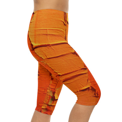 Fiery Citrus Orange: Edgy Distressed, Denim-Inspired Fabric - Women’s Capri Leggings (AOP)