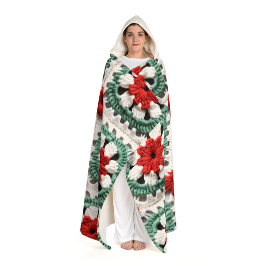 Christmas Granny Square Crochet, Cottagecore Winter Classic, Seasonal Holiday - Hooded Sherpa Fleece Blanket