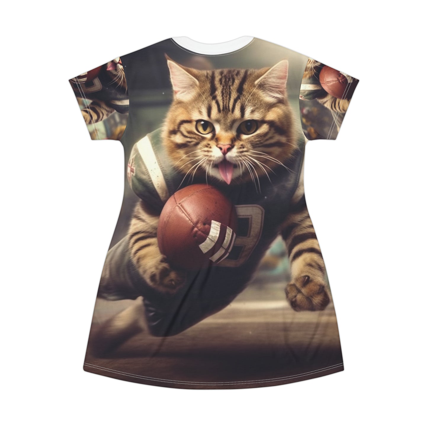 Football Field Felines: Kitty Cats in Sport Tackling Scoring Game Position - T-Shirt Dress (AOP)