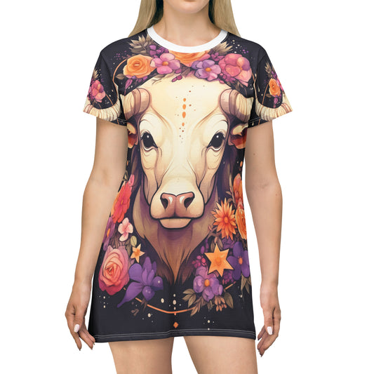 Taurus Zodiac Bull Flower Accents - Astrology Sign - T-Shirt Dress (AOP)