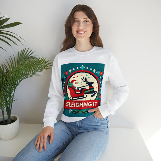 Santa & Reindeer Cross-Stitch Style - 'Sleighing It' Christmas - Festive Holiday - Unisex Heavy Blend™ Crewneck Sweatshirt