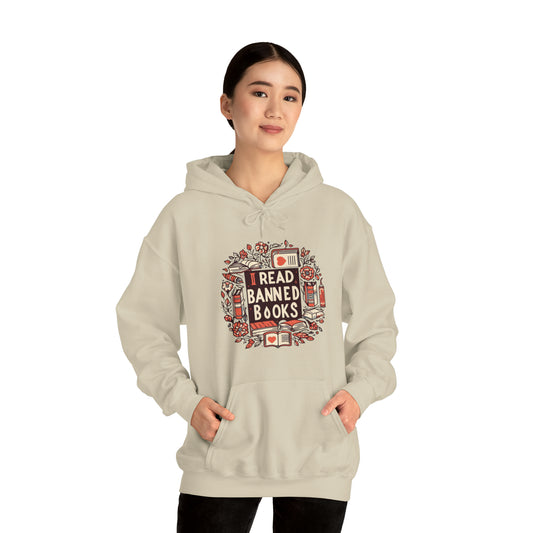 I Read Banned Books - Timeless Floral Bookshelf Illustration - Unisex Heavy Blend™ Hooded Sweatshirt