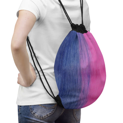 Dual Delight: Half-and-Half Pink & Blue Denim Daydream - Drawstring Bag