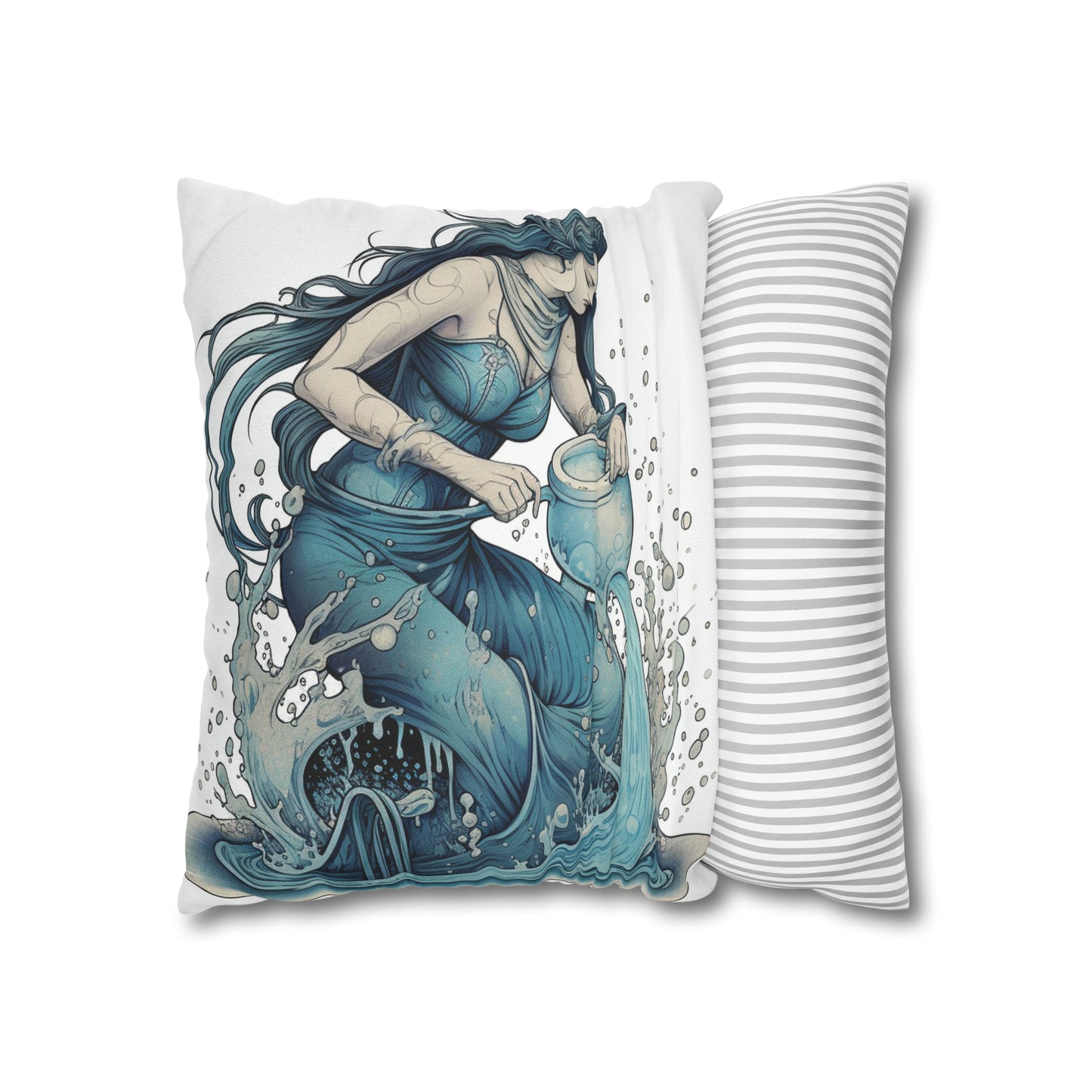 Aquarius Zodiac Symbol - Girl Pouring Water, Hand-Drawn Style - Spun Polyester Square Pillow Case