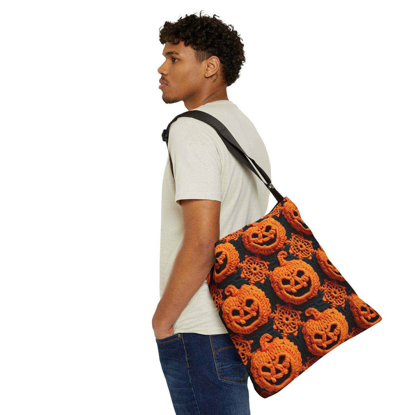 Halloween Crochet Pumpkin Scary Horror Festive Holiday Pattern - Adjustable Tote Bag (AOP)