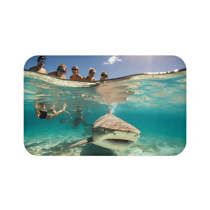 Peaceful Bull Shark with Swimmers: Ocean Scene - Perfect for Sea Lovers - Bath Mat