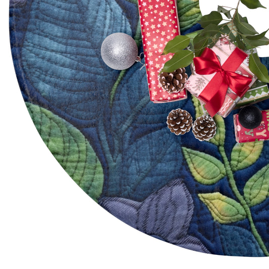 Floral Embroidery Blue: Denim-Inspired, Artisan-Crafted Flower Design - Christmas Tree Skirts