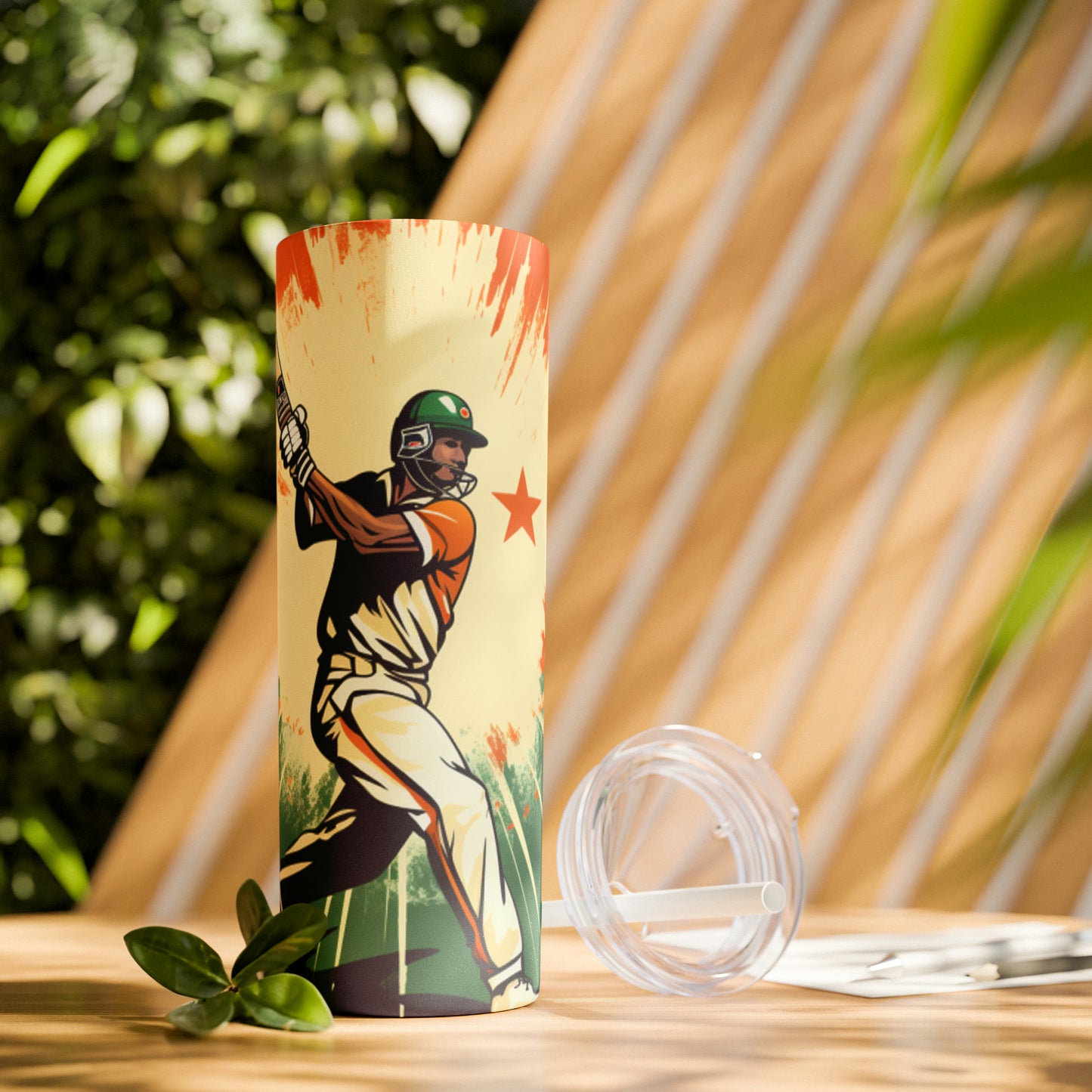 India Cricket Star: Bateador con bate de sauce, estilo bandera nacional - Juego deportivo - Vaso delgado con pajita, 20 oz