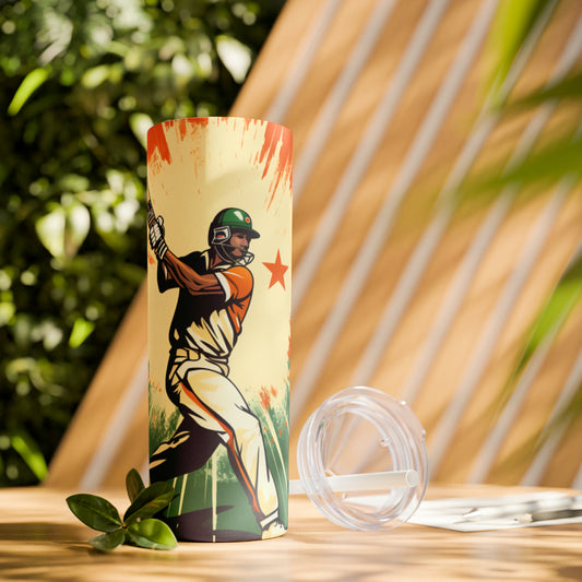 India Cricket Star: Batsman With Willow Bat, National Flag Style - Sport Game - Skinny Tumbler with Straw, 20oz