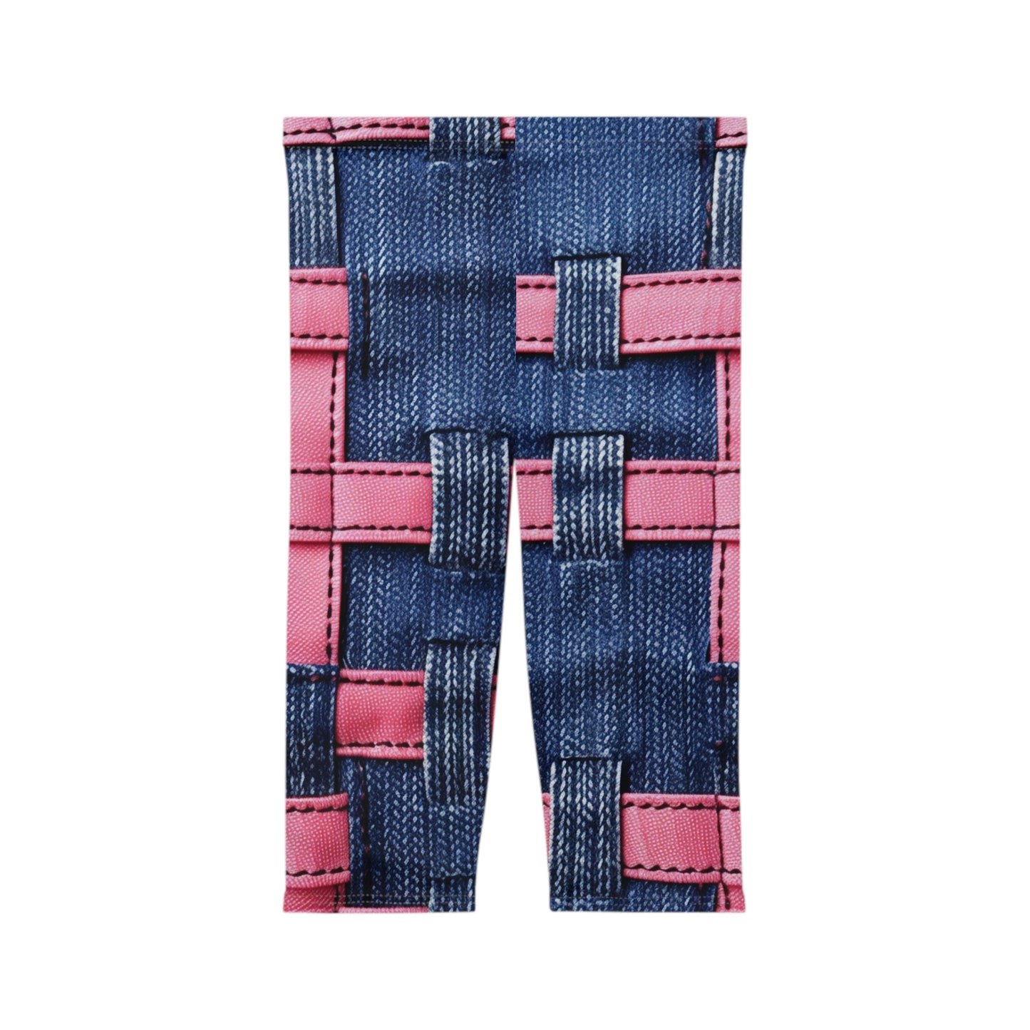 Candy-Striped Crossover: Pink Denim Ribbons Dancing on Blue Stage - Women’s Capri Leggings (AOP)