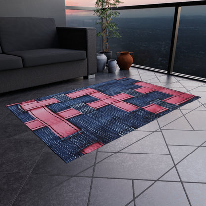 Candy-Striped Crossover: Pink Denim Ribbons Dancing on Blue Stage - Outdoor Rug