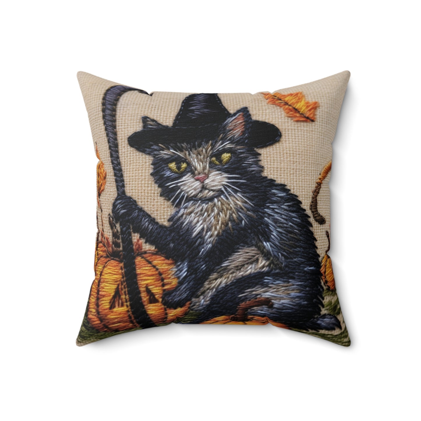 Halloween Cat Magic: Embroidered Style Feline with Pumpkins & Witch Hat - Spun Polyester Square Pillow