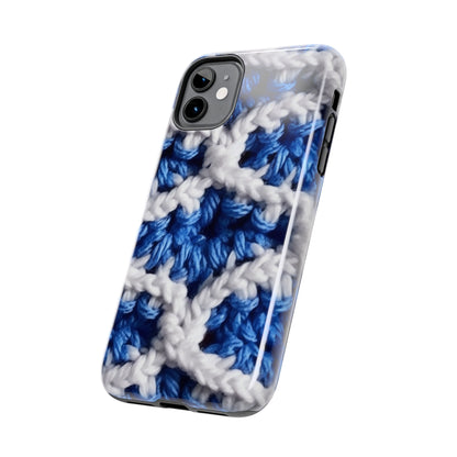 Blueberry Blue Crochet, White Accents, Classic Textured Pattern - Tough Phone Cases