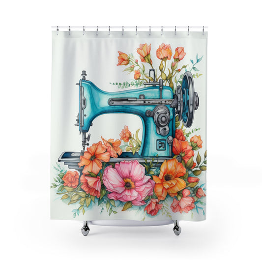 Aqua Blue Sewing Machine and Floral Watercolor Illustration, Artistic Craft - Shower Curtains