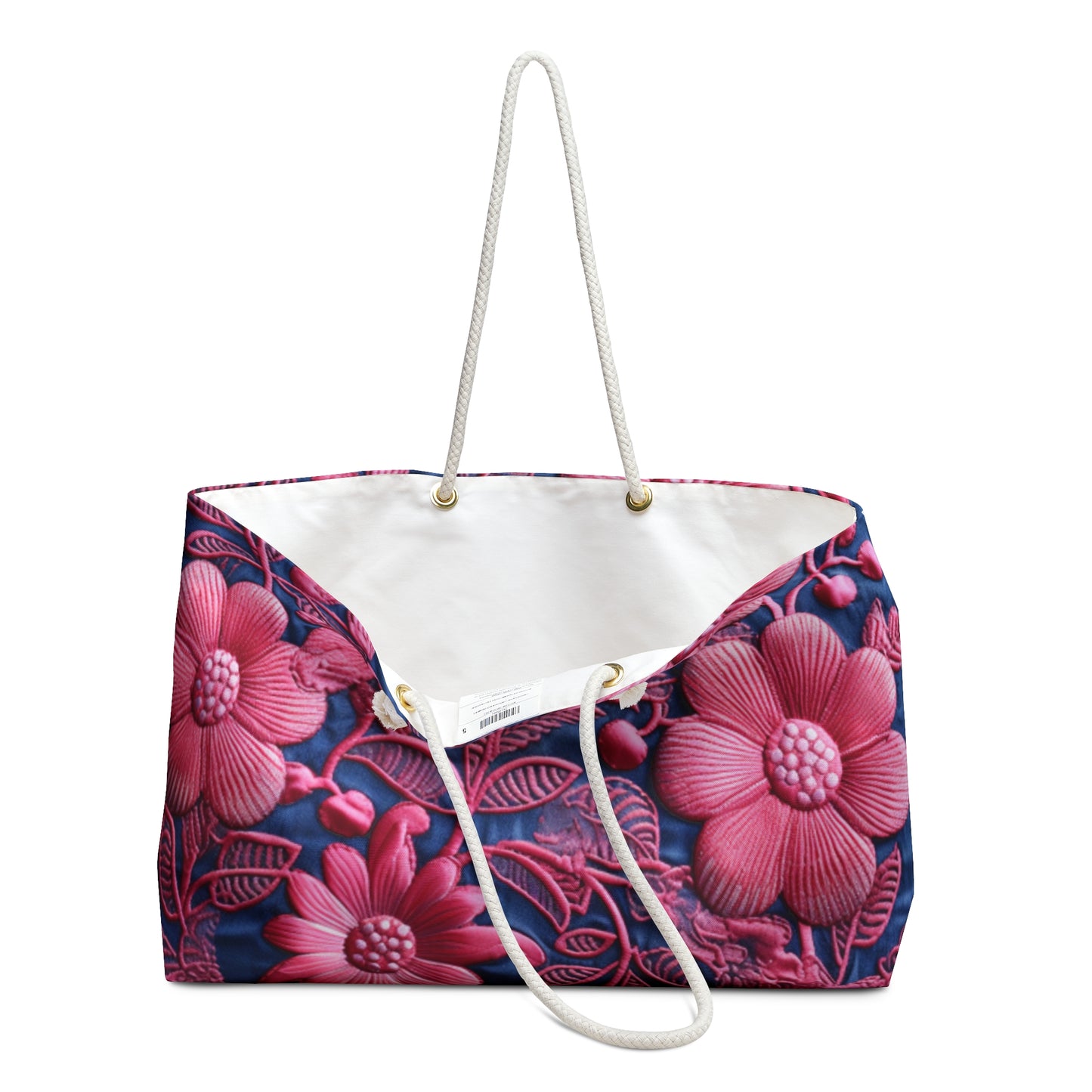 Denim Blue Doll Pink Floral Embroidery Style Fabric Flowers - Weekender Bag