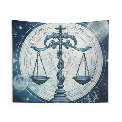 Blue Tones Libra Zodiac Cosmic Astro - Balance Scale & Symbols - Indoor Wall Tapestries