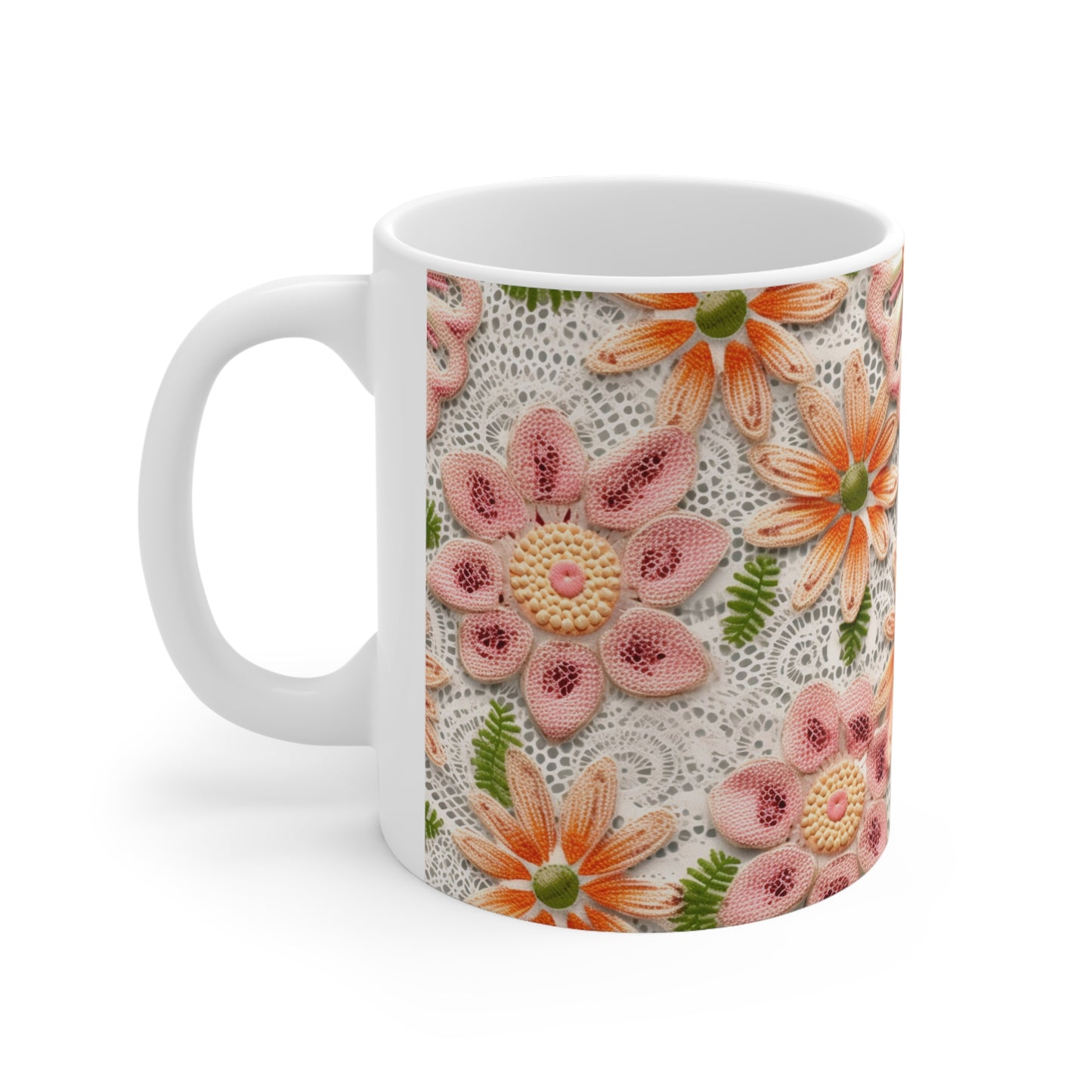 Floral Embroidered Eyelet: Delicate Flower Elegant Pattern - Ceramic Mug 11oz