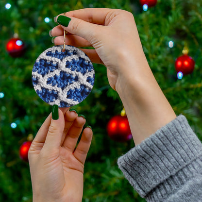 Blueberry Blue Crochet, White Accents, Classic Textured Pattern - Ceramic Ornament, 4 Shapes