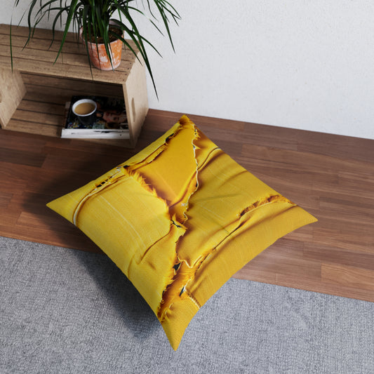 Banana Yellow Lemon: Bold Distressed, Denim-Inspired Fabric - Tufted Floor Pillow, Square