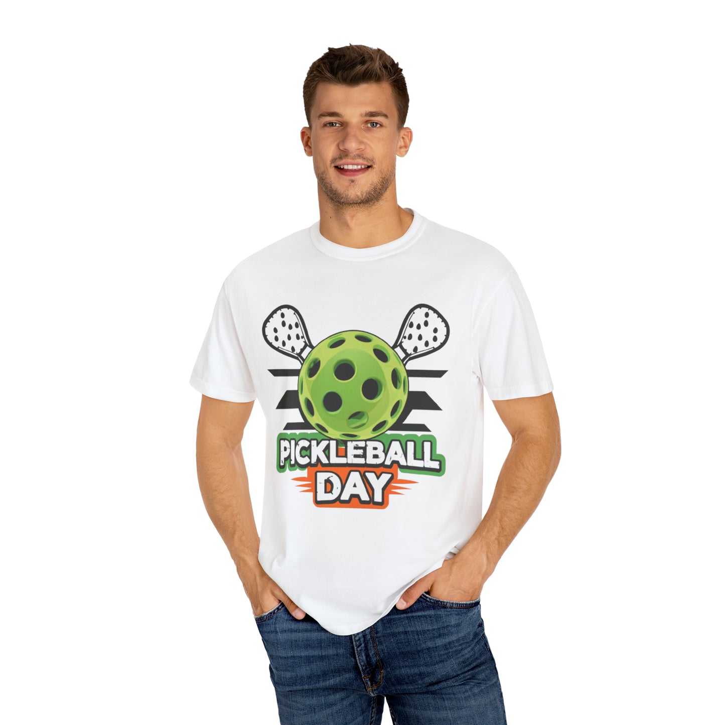 Dynamic Pickleball Day Design with Crossed Paddles and Ball Graphic - Unisex Garment-Dyed T-shirt