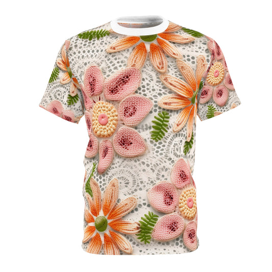 Ojal bordado floral: Patrón elegante de flor delicada - Camiseta unisex de corte y costura (AOP) 