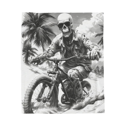 Biker Skeleton Wearing Sunglasses, Riding Sunset Boulevard in California Motorcycle, Velveteen Plush Blanket