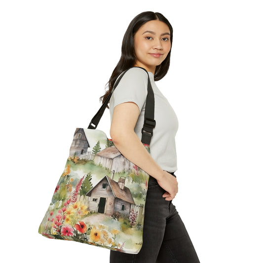 Country Wooden Houses with Flower Blooms - Cottagecore Floral Design - Outdoor Style - Adjustable Tote Bag (AOP)