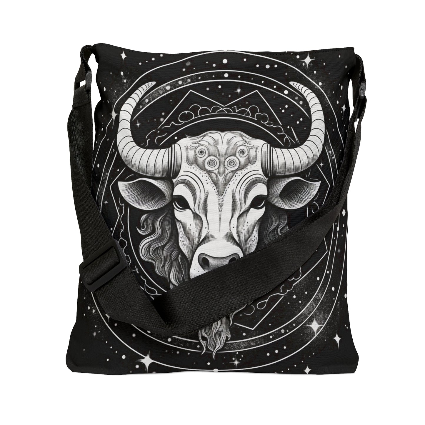 Taurus Zodiac Tote Bag, Black White Bull Design, 100% Spun Polyester, Adjustable Strap