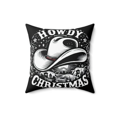 Western Howdy Christmas - Escena de invierno estrellada con sombrero de vaquero - Gráfico festivo de vacaciones en el campo - Almohada cuadrada de poliéster hilado