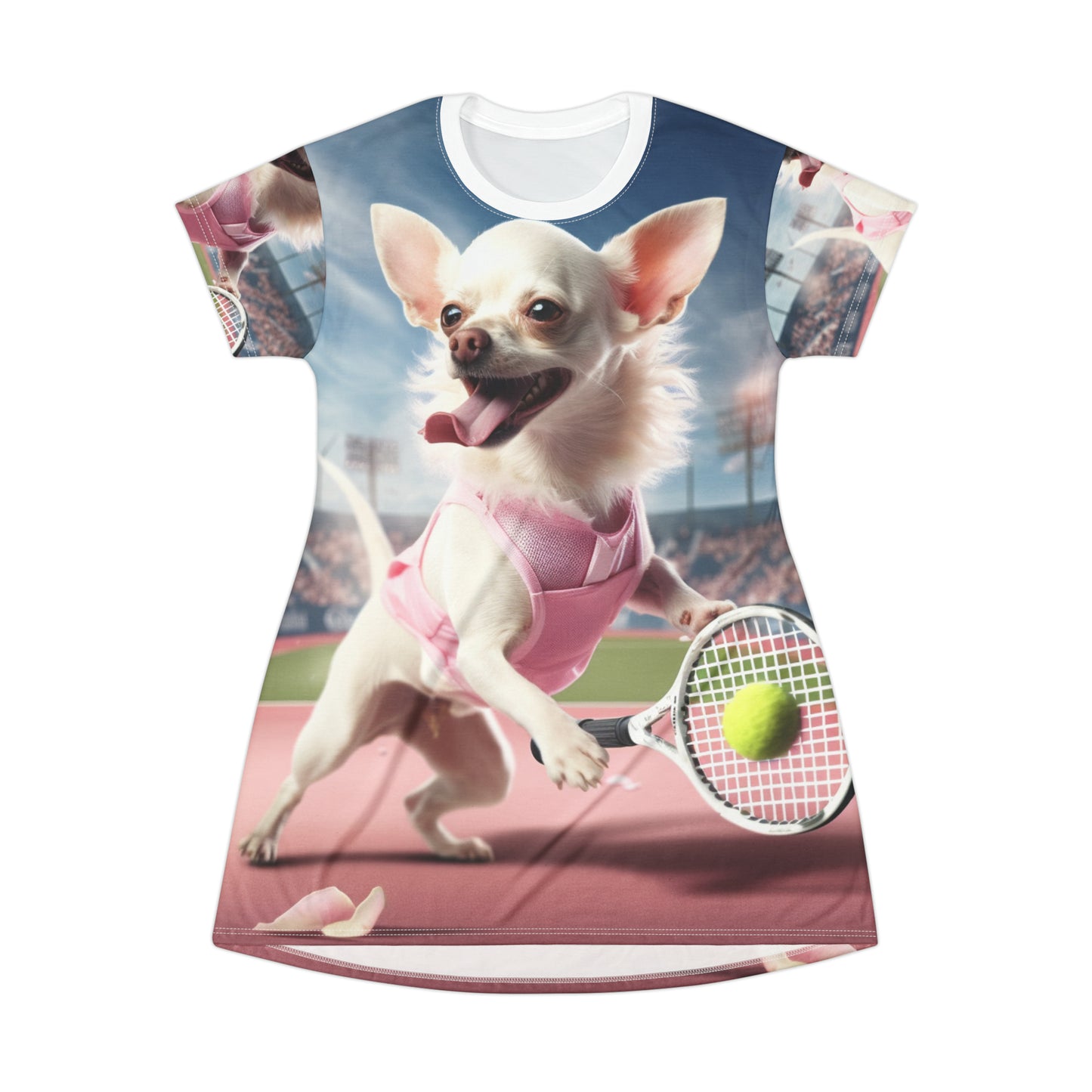 Chihuahua Tennis Ace: Dog Pink Outfit, Court Atheletic Sport Game - T-Shirt Dress (AOP)