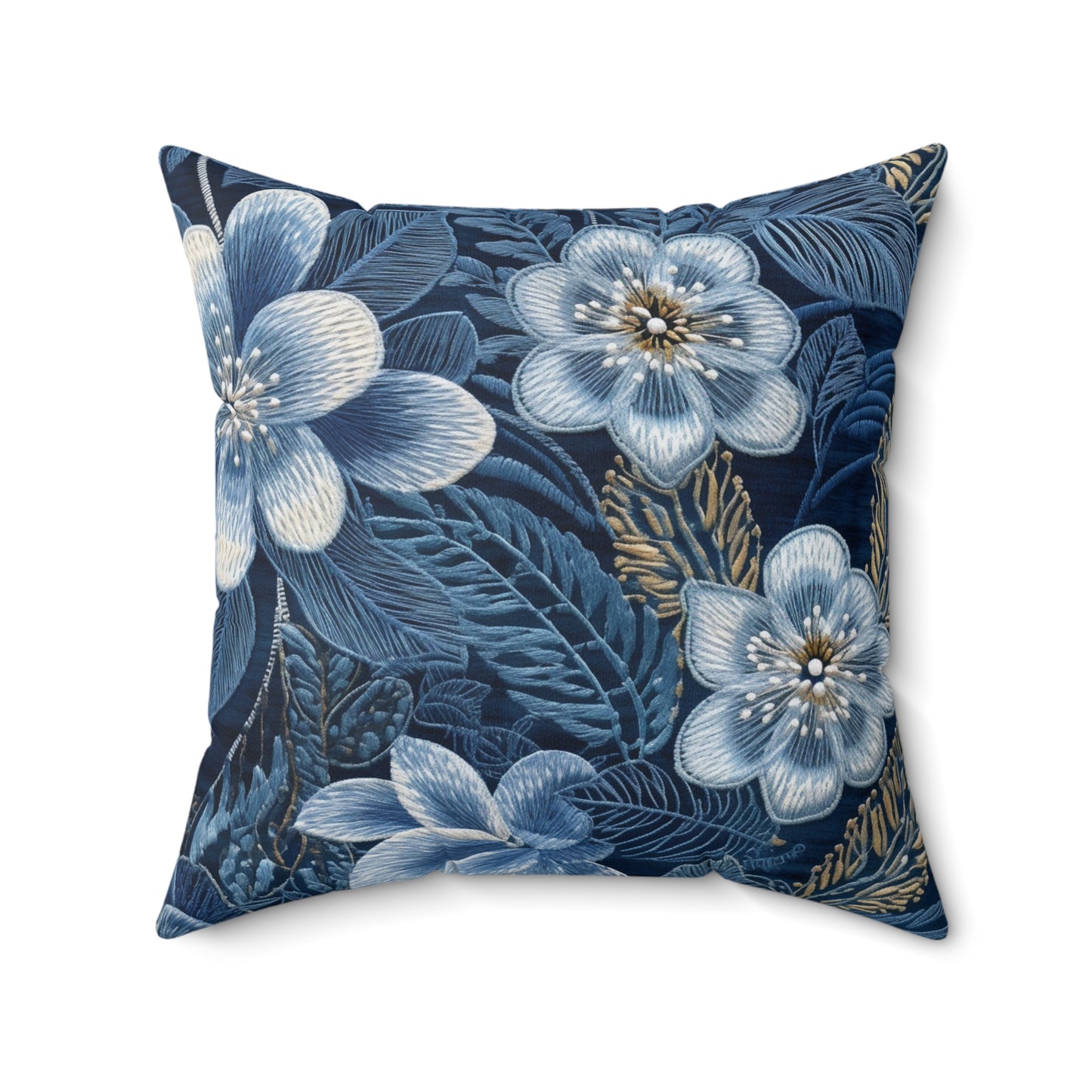 Flower Blossom Embroidery Floral on Denim Style - Spun Polyester Square Pillow