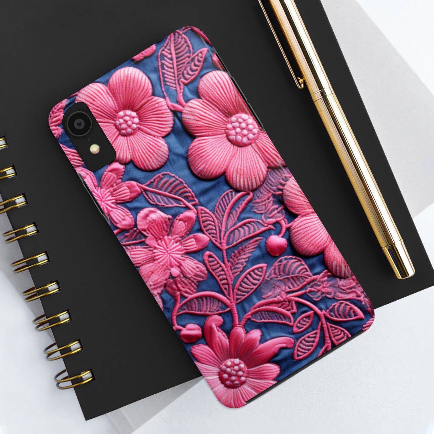 Denim Blue Doll Pink Floral Embroidery Style Fabric Flowers - Tough Phone Cases