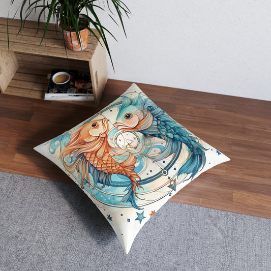 Pisces Zodiac Horoscope - Starry Watercolor & Ink, Hyper-Detailed Fish Tufted Floor Pillow, Square