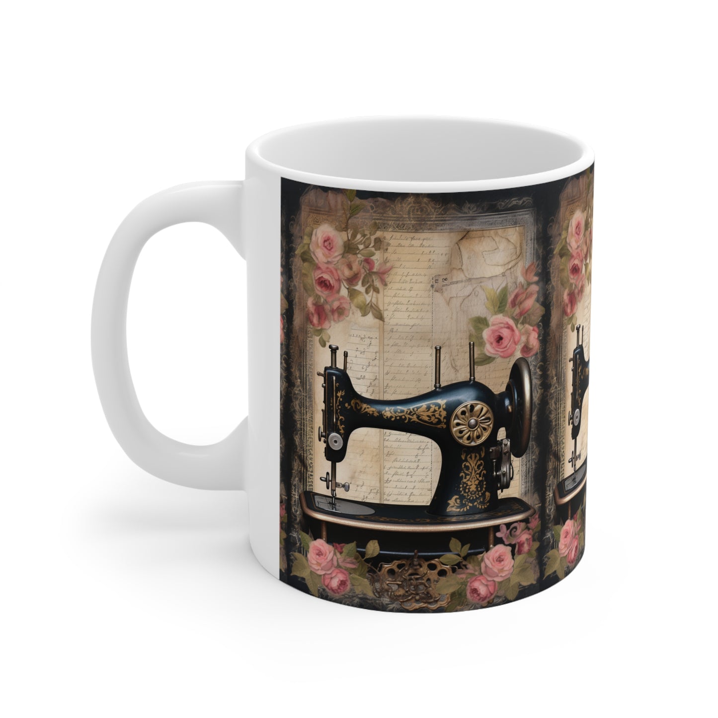 Gothic Black Sewing Machine with Golden Accents and Roses, Classic Tailoring - Ceramic Mug 11oz