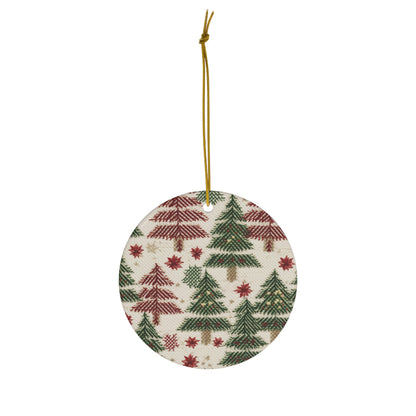 Embroidered Christmas Winter, Festive Holiday Stitching, Classic Seasonal Design - Ceramic Ornament, 4 Shapes