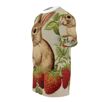 Conejo de fresa - Estilo de bordado - Munchies de frutas de fresas - Regalo de Pascua - Camiseta unisex cortada y cosida (AOP) 