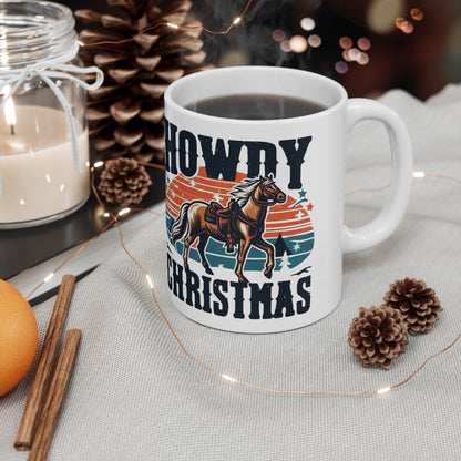 Retro Western Christmas - Howdy Christmas with Patriotic Horse and Star Banner - Ceramic Mug 11oz