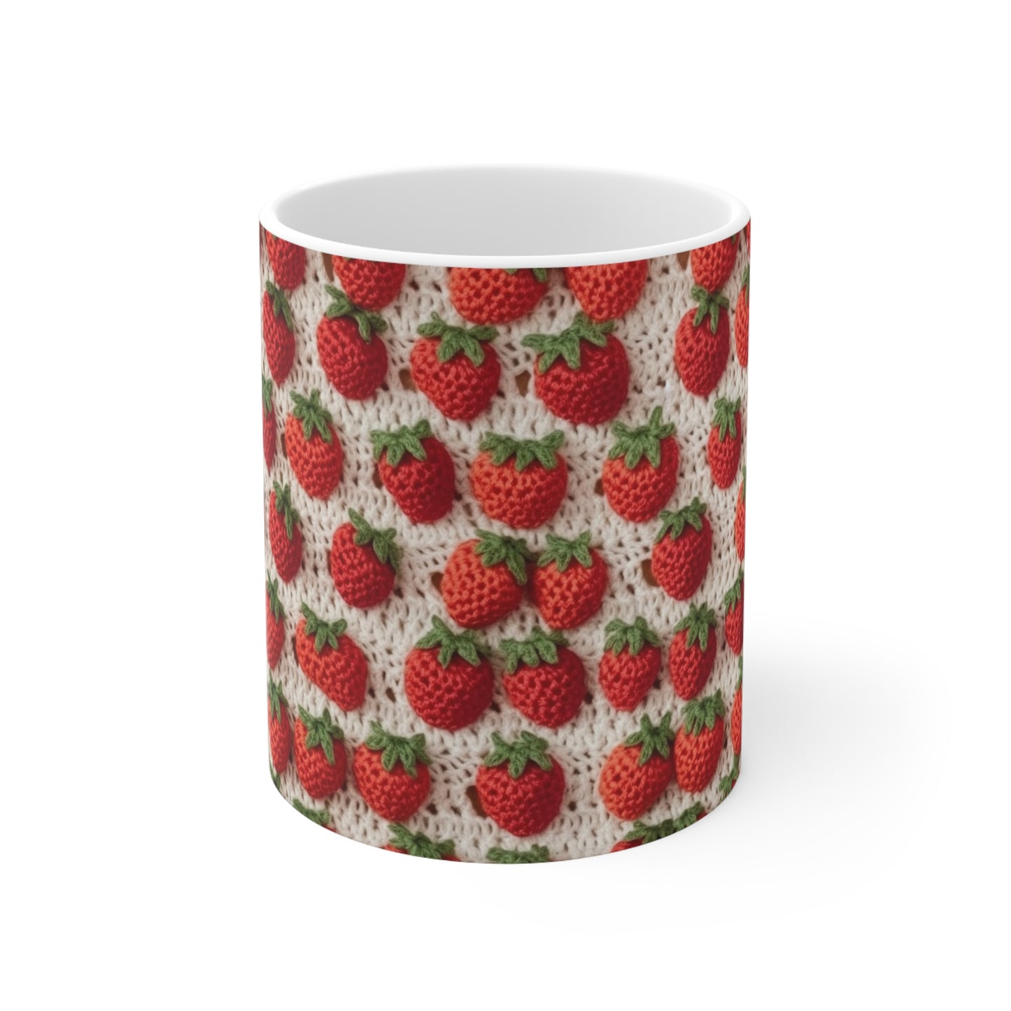 Strawberry Traditional Japanese, Crochet Craft, Fruit Design, Red Berry Pattern - Ceramic Mug 11oz