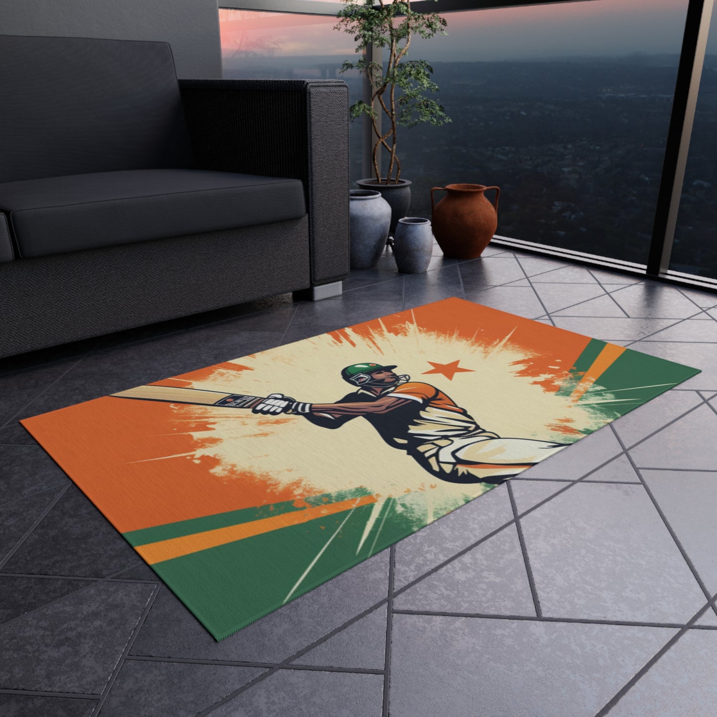 India Cricket Star: Batsman With Willow Bat, National Flag Style - Sport Game - Outdoor Rug