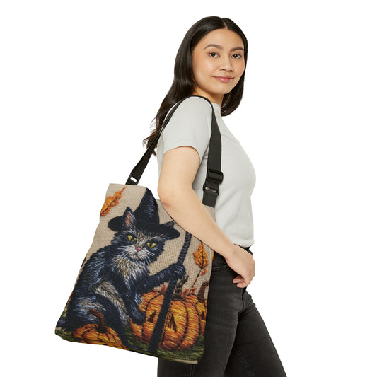 Magia de gato de Halloween: estilo felino bordado con calabazas y sombrero de bruja - Bolsa de mano ajustable (AOP) 