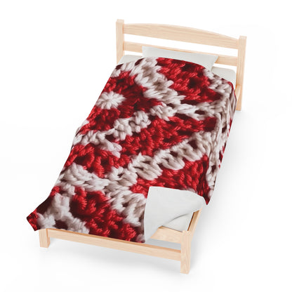 Warm Winter Red & White Crochet Knit: Cinematic Chic Texture Design - Velveteen Plush Blanket