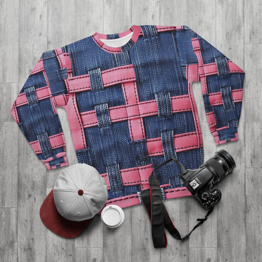 Candy-Striped Crossover: Pink Denim Ribbons Dancing on Blue Stage - Unisex Sweatshirt (AOP)