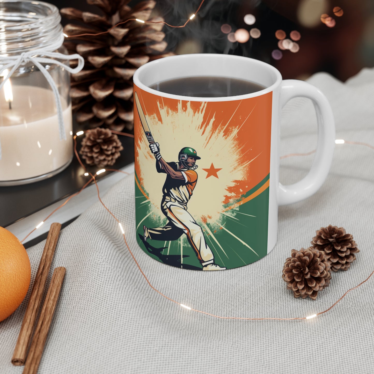 India Cricket Star: Batsman With Willow Bat, National Flag Style - Sport Game - Ceramic Mug 11oz