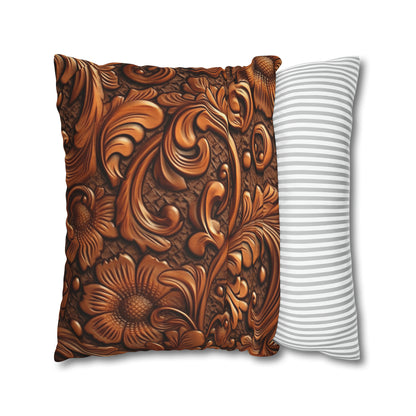 Leather Flower Cognac Classic Brown Timeless American Cowboy Design - Spun Polyester Square Pillow Case