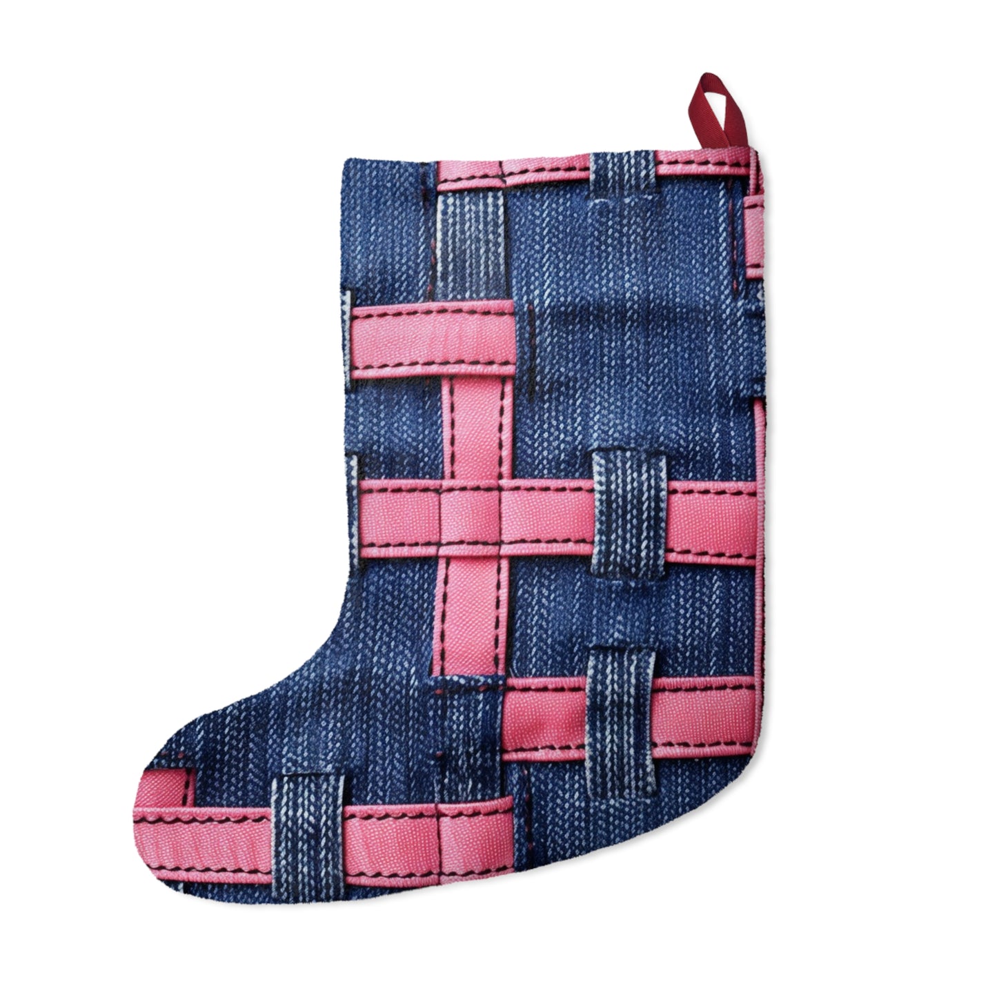 Candy-Striped Crossover: Pink Denim Ribbons Dancing on Blue Stage - Christmas Stockings