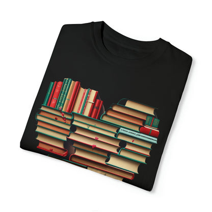 Valentines Day Book Love: Heart-Shaped Stack of Romantic Novels - Unisex Garment-Dyed T-shirt