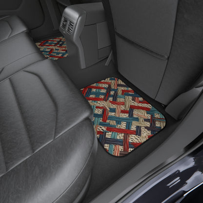 Colorful Yarn Knot: Denim-Inspired Fabric in Red, White, Light Blue - Car Mats (Set of 4)